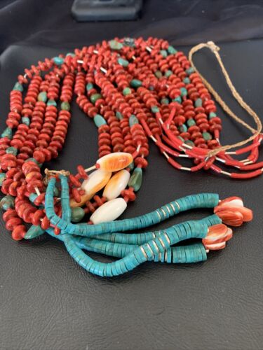 Southwestern Santo Domingo Red Coral Green Turquoise 5-Strand Jacla Necklace | 38" | Native American Handmade | 12052