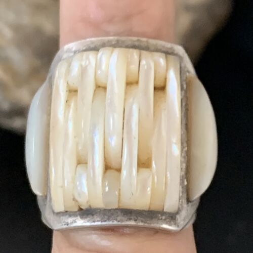 Native American White Mother of Pearl Navajo Inlay Ring | Sterling Silver | Sz 7.5 | 12864