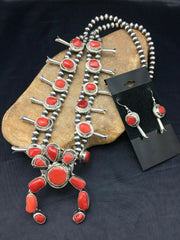Navajo Coral Naja Pendant | Sterling Silver Squash Blossom Necklace & Earrings Set | 4176