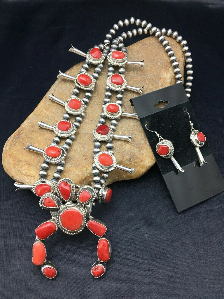 Coral Naja Pendant Sterling Silver Squash Blossom Necklace & Earrings 4176
