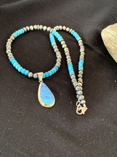 Navajo Blue Turquoise Necklace with Opal Pendant | Sterling Silver | Authentic Native American Handmade | 566