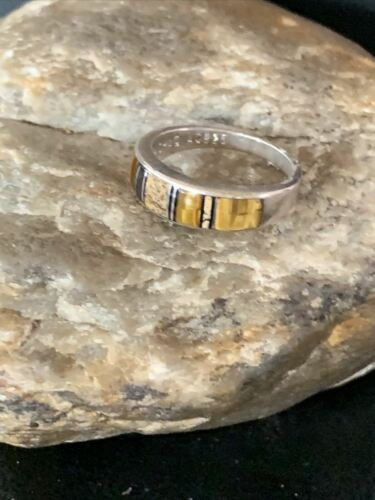 Navajo Black Onyx Coffee Tiger's Eye Inlay Ring | Sterling Silver | Sz 6.5 | 10794
