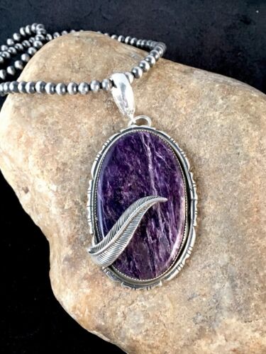Navajo Charoite Feather Pendant | Sterling Silver Pearls Necklace | Authentic Native American Handmade | 8739