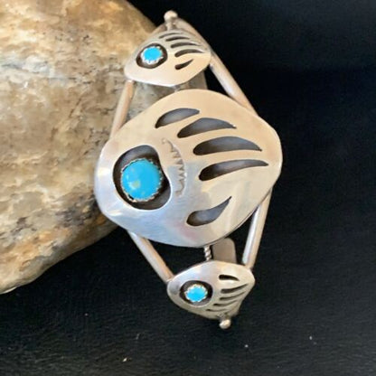 Navajo Turquoise Bear Paw Cuff Bracelet | Sterling Silver | Authentic Native American Handmade | 12874