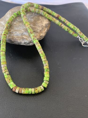 Navajo Green Gaspeite Heishi Necklace | 7mm | Sterling Silver | Authentic Native American Handmade | 20" | 01762