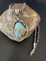 Men's Navajo Blue Dry Creek Turquoise Pendant | Sterling Silver | Pearl Necklace | Native American | 12970