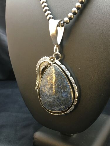 Men's Lapis Pendant | Sterling Silver Navajo Pearls Necklace | Authentic Native American Handmade | 1752