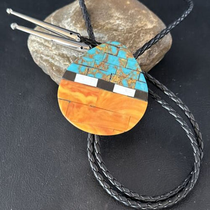 Men's Bolo Tie | Turquoise & Orange Spiny Oyster | Sterling Silver Tips | 14628