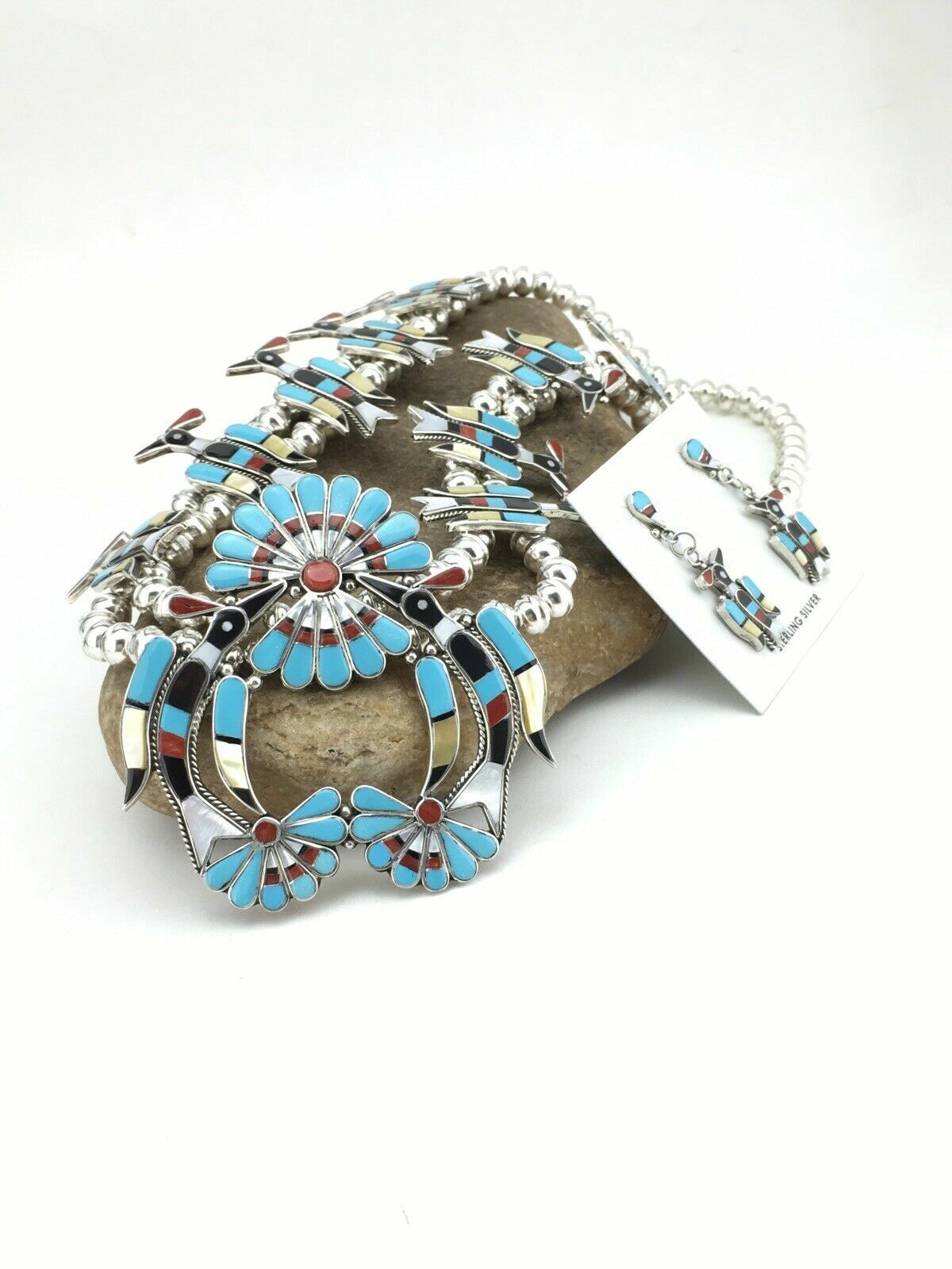 Zuni Peyote Bird Turquoise Squash Blossom Necklace Set | Sterling Silver | Native American Handmade | 1313