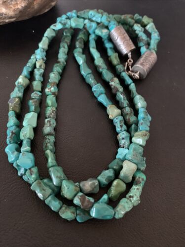 Navajo Green Turquoise Bone Bead Necklace | 3 Strand | Sterling Silver | 01992
