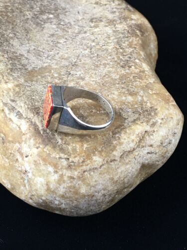 Navajo Men's Red Opal Inlay Ring | Sterling Silver | Sz 9.5 | Authentic Native American Handmade | 10104