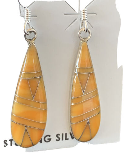 Navajo Orange Spiny Oyster Inlay Earrings | Sterling Silver | 1.5" | Authentic Native American Handmade | 976