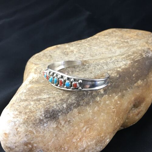 Navajo Children's Blue Turquoise Coral Cuff Bracelet | Sterling Silver | 4" | 10248