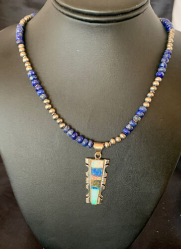 Navajo Pearls Necklace with Blue Lapis & White Opal Inlay Pendant | Sterling Silver | 11631