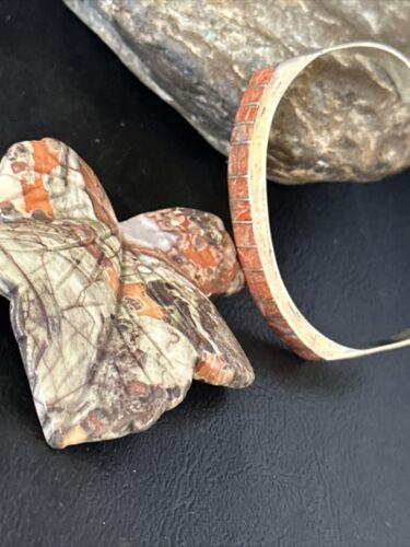 Authentic Native American Navajo Sterling Silver Bracelet | Red Spiny Oyster Inlay | Old Pawn | 14532