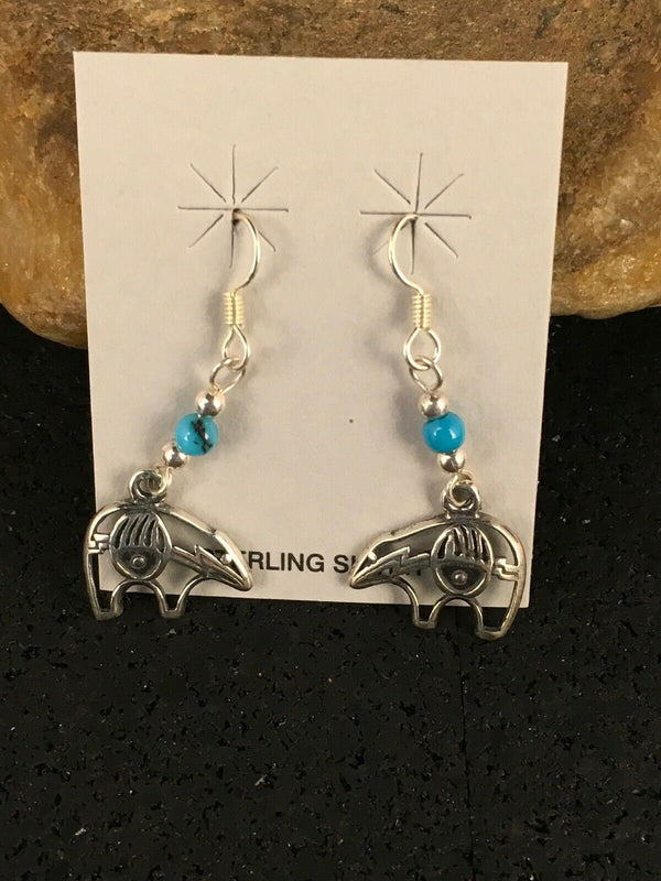 Navajo Sterling Silver Turquoise Bead Dangle Bear Paw Earrings | Authentic Native American Handmade | 8785