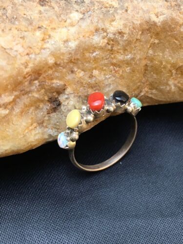 Zuni Blue Opal, Coral & Turquoise Ring | Authentic Native American Sterling Silver | Multi-Stone | Sz 6.5 | 08999