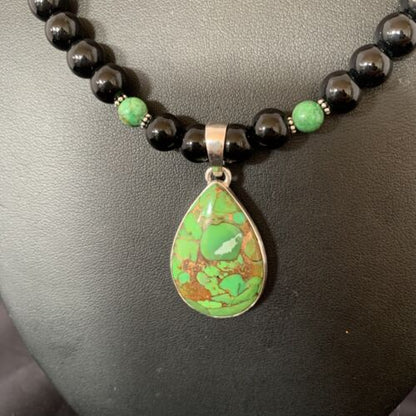 Navajo Pearls Onyx Mojave Turquoise Pendant Necklace | Sterling Silver | Authentic Native American Handmade | 10346