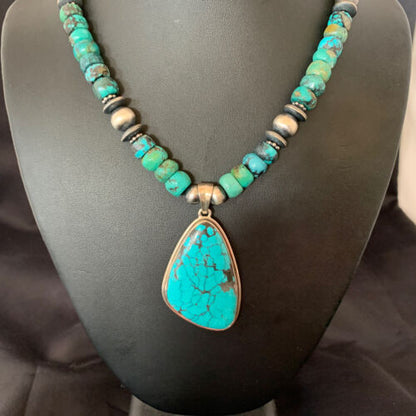 Navajo Pearls Spiderweb Beads Turquoise Necklace Pendant | Sterling Silver | Authentic Native American Handmade | 10239