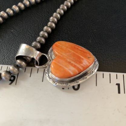 Navajo Orange Heart Spiny Oyster Pendant | Sterling Silver Necklace | Authentic Native American Handmade | 13949