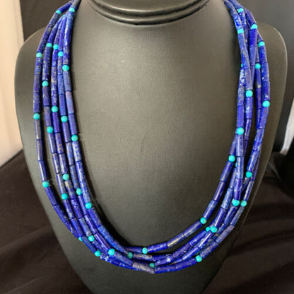 Women's Men's Sterling Silver Blue Denim Lapis Turquoise Necklace | 5 Strand | 22" | 13405