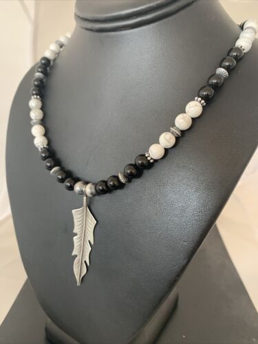Navajo Feather Pendant | Black Onyx & Howlite | Sterling Silver Necklace | Authentic Native American Handmade | 01101