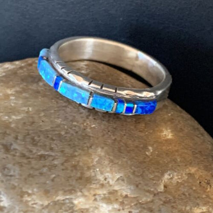 Navajo Blue Opal Inlay Ring | Sterling Silver | Sz 10.5 | Authentic Native American Handmade | Yazzie | 12963