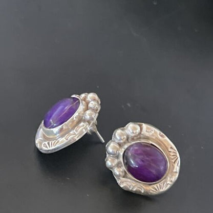 Navajo Sugilite Post Stud Earrings | Sterling Silver | Authentic Native American Handmade | 0.5" | 2068