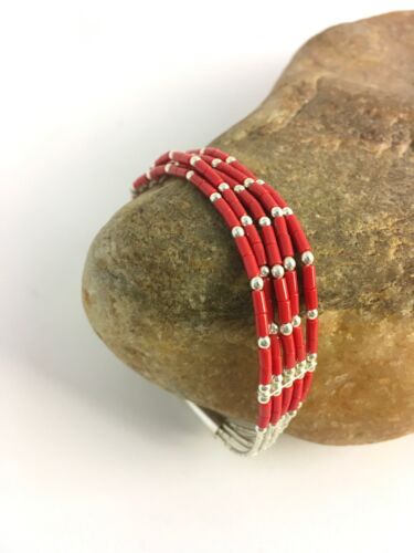 Navajo Red Stabilized Coral Heishi Sterling Silver Bracelet | 5-Strand | 7" | 13603