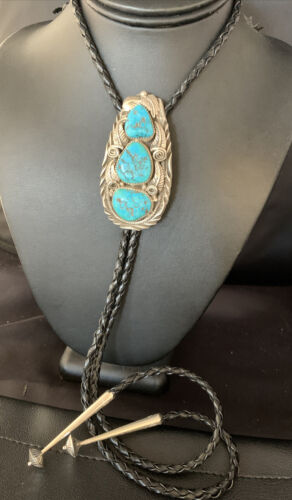 Ultra Rare Navajo Men's Bolo Tie | Blue Kingman Turquoise | Sterling Silver | Native American Handmade | 13668