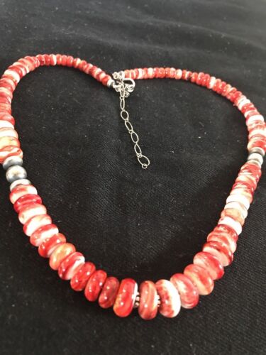 Navajo Red Spiny Oyster Necklace | Sterling Silver | Authentic Native American | Graduated 18" | 12715