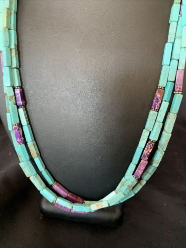 Navajo Blue Turquoise Jasper Bead Necklace | 3-Strand Sterling Silver | 24" | Authentic Native American Handmade | 12512