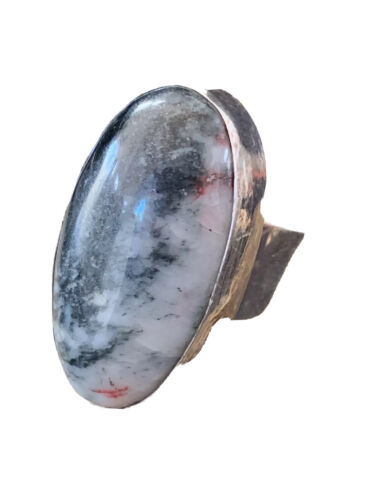 Southwestern Navajo Cinnabrite Ring | White Black | Sterling Silver | Sz 7.5 | 01561