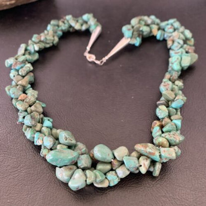 Navajo Green Turquoise Nugget Necklace | 3-Strand Braid | Sterling Silver Pearls | 20" | 11833