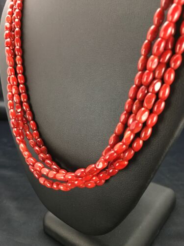 Navajo Red Bamboo Coral 4 Strand Necklace | Sterling Silver | 21" | Authentic Native American Handmade | 2875 - Masha USA
