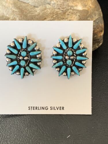 Navajo Blue Cluster Turquoise Stud Post Earrings | Sterling Silver | Authentic Native American Handmade | 12302