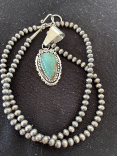Women's Royston Turquoise Pendant Necklace | Navajo Pearls | Sterling Silver | Authentic Native American Handmade | 01183