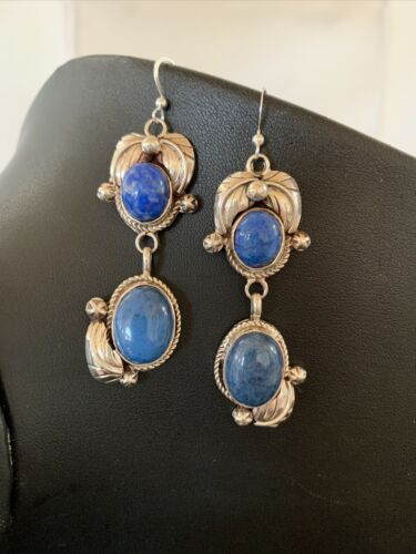 Native American Navajo Denim Lapis Dangle Earrings | Sterling Silver | 2" | 1866