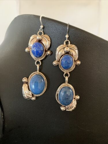 Native American Navajo Denim Lapis Dangle Earrings | Sterling Silver | 2" | 01866