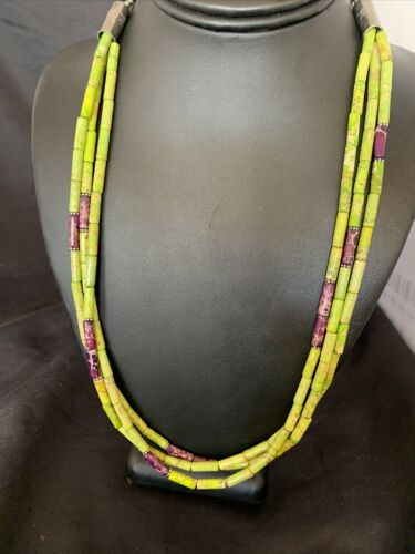 Navajo Green Purple Jasper 3-Strand Bead Necklace | Sterling Silver | 24" | Authentic Native American Handmade | 12511