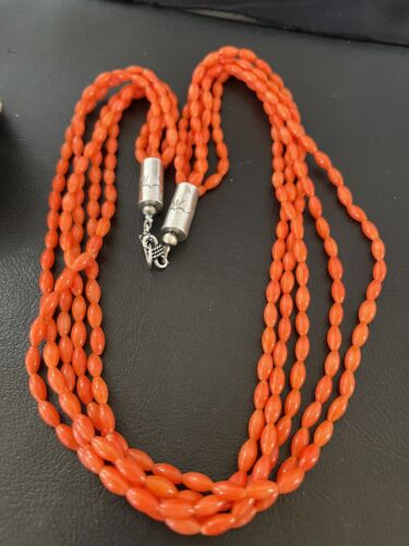 Navajo Orange Coral 5-Strand Necklace | Sterling Silver Barrel Beads | 22" | Authentic Native American Handmade | 10437