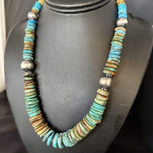 Navajo Blue Green Turquoise Bead Necklace | Sterling Silver | Authentic Native American | 20" | 14243
