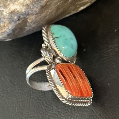 Navajo Turquoise Spiny Oyster Ring | Authentic Native American Sterling Silver | Multi-Stone | Sz 8.5 | 14490