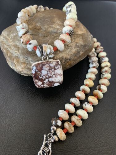 Navajo Coral Wild Horse Turquoise Pendant Necklace | Sterling Silver | Authentic Native American Handmade | 10267
