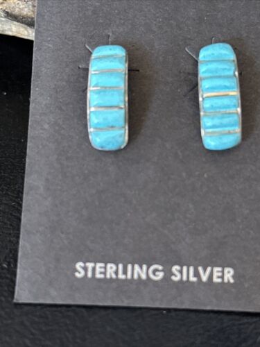 Navajo Blue Turquoise Inlay Earrings | Sterling Silver | 1" | Authentic Native American Handmade | 14777