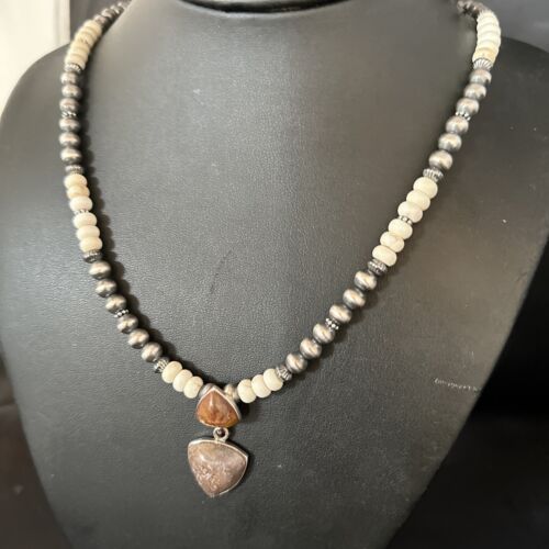 Navajo Pearls Wild Horse Turquoise Necklace Pendant | Sterling Silver | Authentic Native American Handmade | 14374