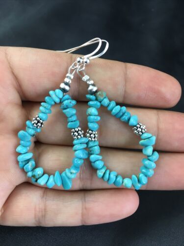 Navajo Blue Turquoise Nugget Earrings | Sterling Silver | 1.5" | Authentic Native American Handmade | 1979