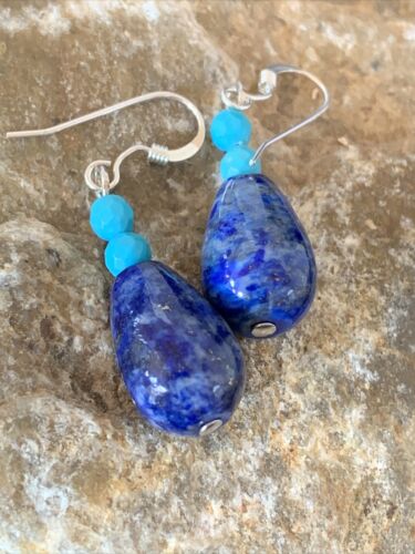 Navajo Lapis Lazuli Turquoise Bead Dangle Earrings | Sterling Silver | Authentic Native American Handmade | 1541