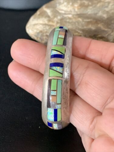 Old Pawn Navajo Turquoise Gaspeite Lapis Inlay Bracelet | Sterling Silver | Authentic Native American Handmade | 14160