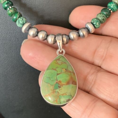 Navajo Pearls Green Mojave Turquoise Pendant Necklace | Sterling Silver | Native American Handmade | 13463